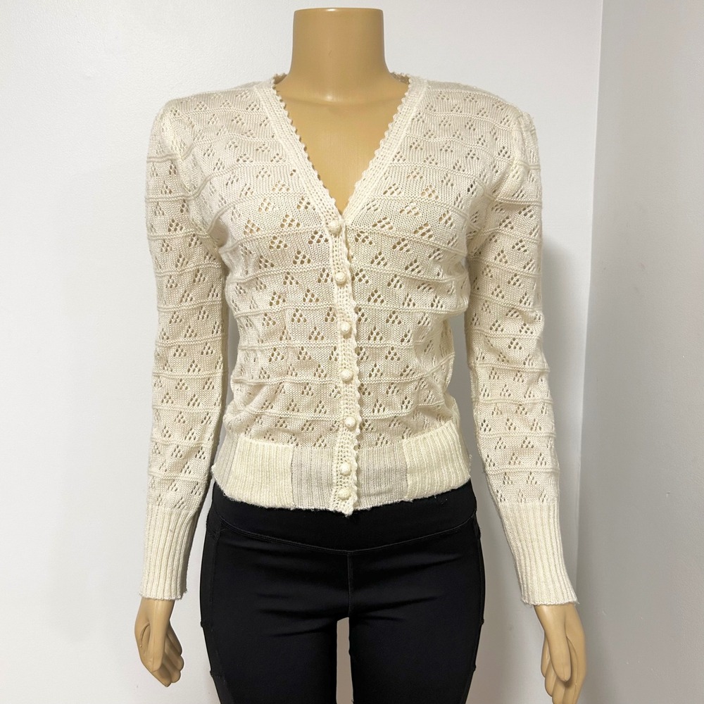 Vintage‎ EV Ltd Cream Pointelle Knit Puffy Shoulder Cardigan Sweater Ivory Small